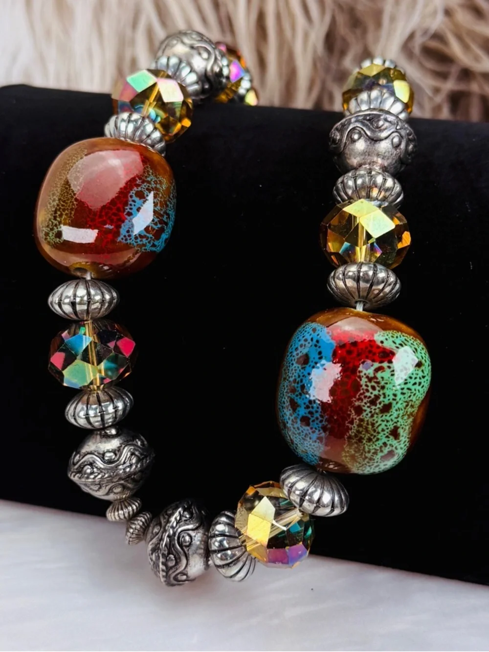Bohemian, chunky glass beaded weighted statement, necklace